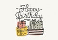 Happy Birthday lettering or wish written with cursive font and decorated with colorful gift or present boxes. Hand drawn