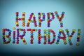 Happy Birthday with light blue background, smarties