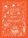 happy birthday linear illustration with orange color background