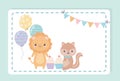 Happy Birthday Lion Squirrel Cupcakes Balloons Celebration Decoration Card