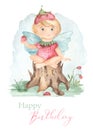 Watercolor premade card Happy birthday with little garden fairy strawberry sitting on tree stump