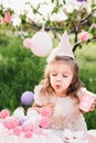 Happy birthday little girl making wish blowing candles on cake with pink decor in beautiful garden Royalty Free Stock Photo