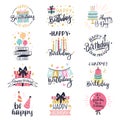 Happy birthday logo badge. Greeting lettering, cake, balloons and candle birthday greeting card decoration design vector