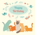 Happy Birthday lovely card with cute cats and birds
