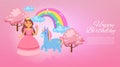 Happy birthday magic background, vector banner. Girl princess character in beautiful dress, unicorn magic horse.