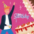 Happy birthday, man with sweet cakes and beer celebration party event decoration