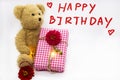 Happy birthday message card handwriting with gift box, teddy bear Royalty Free Stock Photo