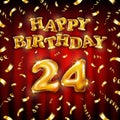 Happy Birthday 24 message made of golden inflatable balloon twenty four letters isolated on red background fly on gold ribbons Royalty Free Stock Photo