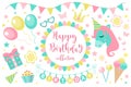 Happy birthday modern cute icons set, cartoon flat style. Party collection of design elements with unicorn, balloons