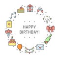 Happy birthday multicolored greeting card with circle frame. Modern outline minimalistic design.