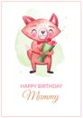 Happy birthday mummy greeting postcard with cute fox character, lettering. Watercolor design for mother with animal.