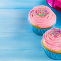 Happy birthday, my cake. Delicious cupcakes with pink cream frosting and colorful sprinkles 5 Royalty Free Stock Photo