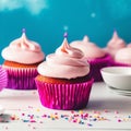 Happy birthday, my cake. Delicious cupcakes with pink cream frosting and colorful sprinkles 3 Royalty Free Stock Photo