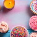 Happy birthday, my cake. Delicious cupcakes with pink cream frosting and colorful sprinkles 2 Royalty Free Stock Photo