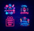 Happy Birthday neon greeting card collection. Sweet candy frame. Cupcake and present. Pink gift box. Vector illustration Royalty Free Stock Photo