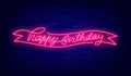 Happy Birthday neon greeting card. One line drawing with ribbon. Glowing effect signboard. Vector stock illustration Royalty Free Stock Photo