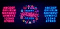 Happy birthday neon lettering with circle template. Blue and pink alphabet. Greeting card. Vector stock illustration Royalty Free Stock Photo