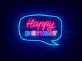 Happy Birthday neon sign in blue speech bubble. Shiny greeting card with calligraphy text. Vector stock illustration