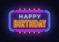 Happy birthday neon sign. Greeting card on brick wall background. Royalty Free Stock Photo