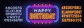 Happy birthday neon sign. Greeting card on brick wall background. Royalty Free Stock Photo