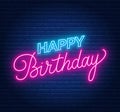 Happy birthday neon sign. Greeting card on dark background. Royalty Free Stock Photo