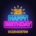 Happy birthday neon sign. Greeting card template on dark background. Royalty Free Stock Photo