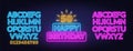 Happy birthday neon sign. Greeting card template on dark background Royalty Free Stock Photo