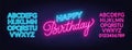 Happy birthday neon sign. Greeting card template on dark background Royalty Free Stock Photo