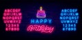 Happy Birthday neon sign with tiered cake. Glowing emblem with lettering. Blue and pink alphabet. Vector illustration Royalty Free Stock Photo