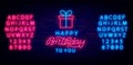 Happy Birthday neon signboard withgift box. Shiny present with bow. Glowing badge with lettering. Vector illustration Royalty Free Stock Photo