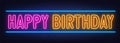 Happy Birthday neon text. Greeting card on brick wall background. Royalty Free Stock Photo