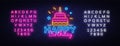Happy Birthday Neon Text Vector. Happy Birthday neon sign, design template, modern trend design, night neon signboard