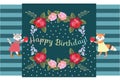 Happy Birthday! Nice card with floral wreath and cute cat and fox with strawberries