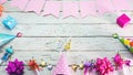 Happy birthday number 54. Copyspace. Beautiful card in pastel pink colors for a woman or a girl. Decorations festive place for yo Royalty Free Stock Photo