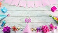 Happy birthday number 68. Copyspace. Beautiful card in pastel pink colors for a woman or a girl. Decorations festive place for you Royalty Free Stock Photo