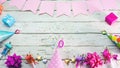 Happy birthday number 50. Copyspace. Beautiful card in pastel pink colors for a woman or a girl. Decorations festive place for you Royalty Free Stock Photo