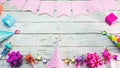 Happy birthday number 3. Copyspace. Beautiful card in pastel pink colors for a woman or a girl. Decorations festive place for your Royalty Free Stock Photo