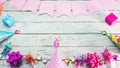 Happy birthday number 6. Copyspace. Beautiful card in pastel pink colors for a woman or a girl. Decorations festive place for your Royalty Free Stock Photo