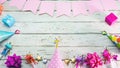 Happy birthday number 7. Copyspace. Beautiful card in pastel pink colors for a woman or a girl. Decorations festive place for your Royalty Free Stock Photo