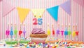 Happy birthday number 25. On a pink background, congratulations on the birthday of twenty-five years old. Muffins with pink cream Royalty Free Stock Photo