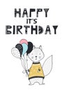 Happy birthday - nursery birthday poster with squirrel and lettering in in scandinavian style. Color illustration
