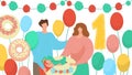 Happy birthday one 1 year vector illustration, cartoon flat family couple and baby characters celebrating birthdate with Royalty Free Stock Photo