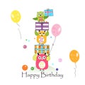 Happy birthday with owls and gift box. Baby birthday greeting card vector illustration Royalty Free Stock Photo