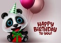 Happy birthday panda animal character. Birthday party greeting text with bear panda sitting.