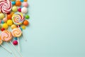 Happy Birthday Party Accessories with Tasty and Appetizing Sweet Candies on Colored Background AI Generated