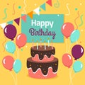 Happy Birthday Party card with cake and ballons. Vector illustration.