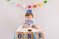 Happy birthday party. Cute Caucasian baby boy in blue crown celebrating first birthday at home. Child toddler in a high chair