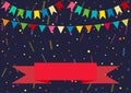 Happy Birthday, Party decor. Vector carnaval colorful pattern. Kids festive background with confetti, paper flags and ribbons.