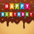 Happy birthday party flags on sweet melting chocolate icing with colorful sprinkles Royalty Free Stock Photo