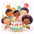 Happy birthday party friends. Cute cartoon little kids celebrating a birthday with a cake, confetti and candles Royalty Free Stock Photo